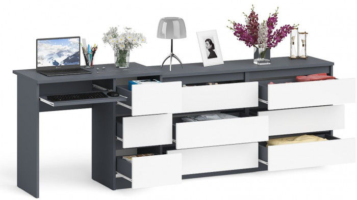 Мори компьютерный стол МС-6 правый + Комод МК1380.6, графит/белый