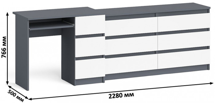 Мори компьютерный стол МС-6 правый + Комод МК1380.6, графит/белый