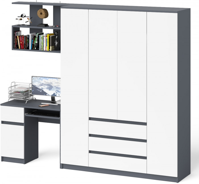 Мори компьютерный стол МС-1 левый + Шкаф МШ1600.1 + Полка 900, графит/белый