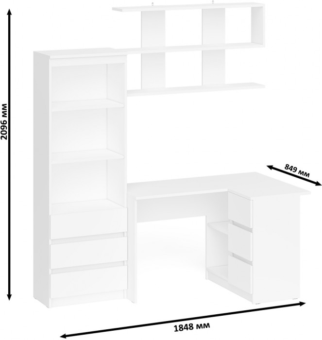 Мори компьютерный стол МС-16 правый + Стеллаж МСТ600.3 + Полка 1200, белый