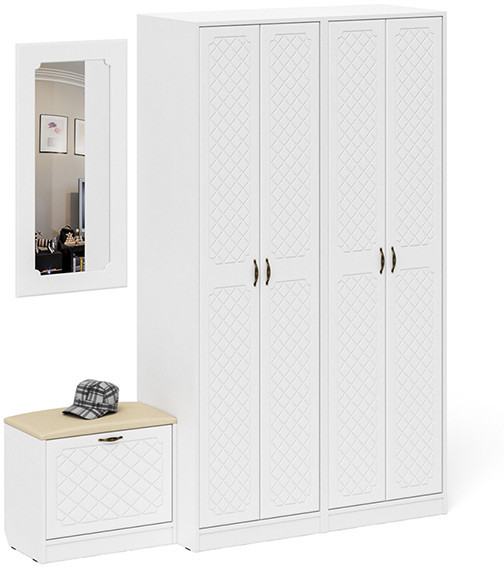 Прихожая П-6 Компоновка № 08, цвет белая шагрень/фасады МДФ белое дерево фрезеровка ромб, ШхГхВ 180х50х210 см., универсальная сборка