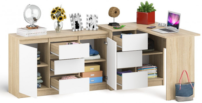 Мори Стол компьютерный МС-16 левый + Комод МК1200.3, цвет дуб сонома/белый, ШхГхВ 244,8х84,9х76,6 см., выдвижные ящики слев, НЕ универсальная сборкаа