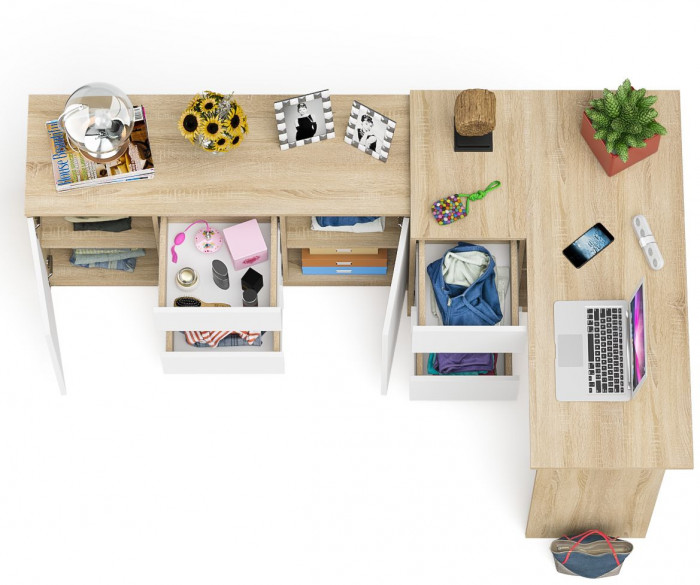 Мори Стол компьютерный МС-16 левый + Комод МК1200.3, цвет дуб сонома/белый, ШхГхВ 244,8х84,9х76,6 см., выдвижные ящики слев, НЕ универсальная сборкаа