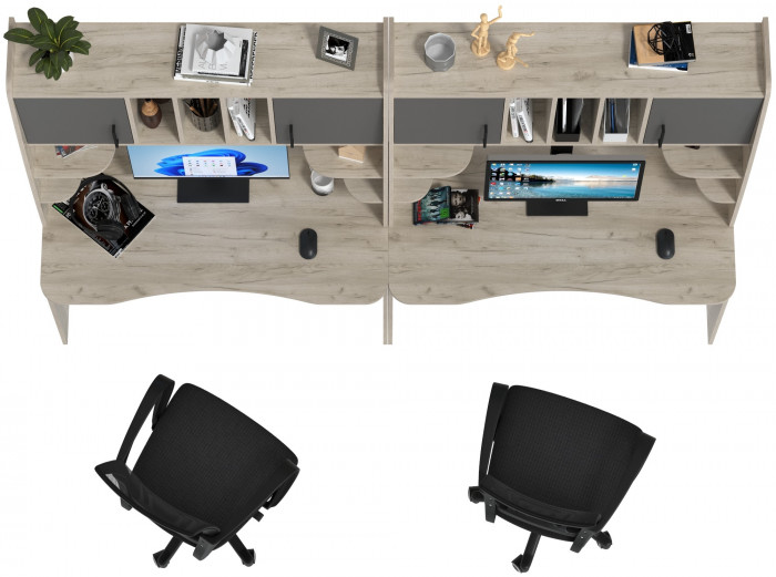 Два стола рабочих 6-0604 Бета + два кресла 103 чёрных, дуб крафт серый/графит