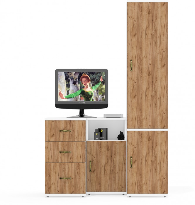 Лидер-8 Пенал МД 23Б + Тумба МД 3.16 + Тумба МД 3.19, белый шагрень/крафт золото