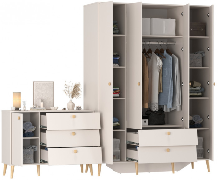 Афина Спальня Шкаф 4-х дверный + Комод с дверкой и тремя ящиками, цвет кашемир серый, ШхГхВ 160х56,3х220 + 110х45,3х83 см., универсальная сборка