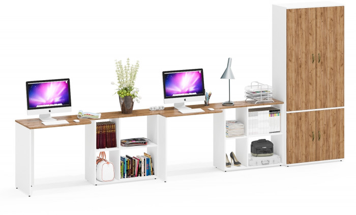 Лидер-8 Стол + Стол + Шкаф МД 20Б, цвет белый шагрень/крафт золото, ШхГхВ 410х50/37,5х75/190 или 230х160/50х75/190 см., НЕ универсальная сборка