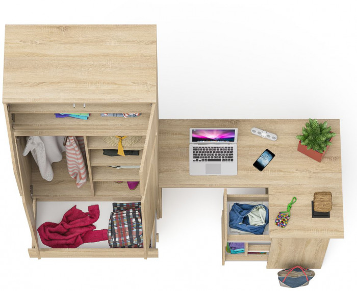 Мори Стол компьютерный МС-16 правый + Шкаф МШ900.1 + Антресоль МА900.1, цвет дуб сонома, ШхГхВ 214,8х84,9х234,2 см., выдвиж. ящики справа, НЕ ун. сб.