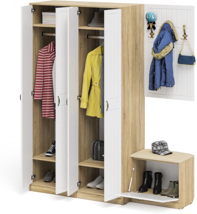 Прихожая П-6 Компоновка № 09, цвет дуб сонома/фасады МДФ белое дерево фрезеровка прованс, ШхГхВ 180х50х210 см., универсальная сборка