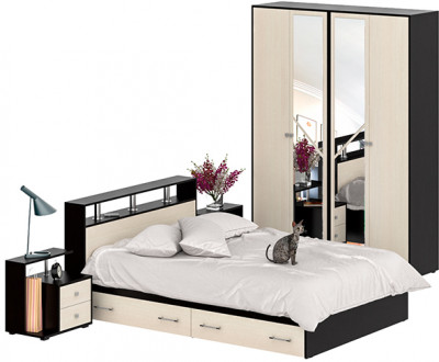 Камелия спальня № 8 Кровать с ящиками 1400 + Две тумбы + Шкаф 4-х створчатый, цвет венге/дуб лоредо, сп.м. 1400х2000 мм., б/м, основание есть