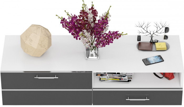 Тумба под ТВ Ларго 1, корпус белый/фасады МДФ графитово-серый глянец