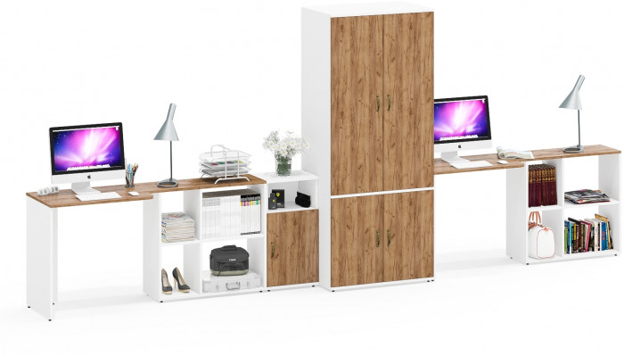 Лидер-8 Стол + Стол + Шкаф МД 19Б + Тумба МД 3.19, белый шагрень/крафт золото