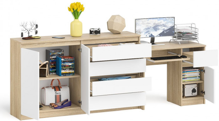 Мори компьютерный стол МС-1 правый + Комод МК1600.1, дуб сонома/белый