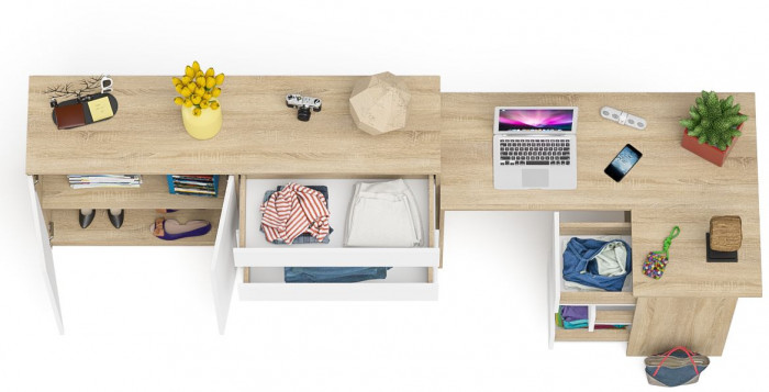 Мори компьютерный стол МС-16 правый + Комод МК1600.1, дуб сонома/белый