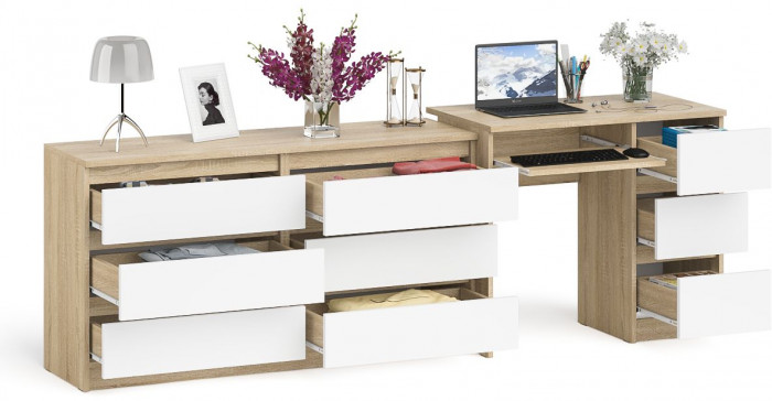 Мори компьютерный стол МС-6 правый + Комод МК1380.6, дуб сонома/белый