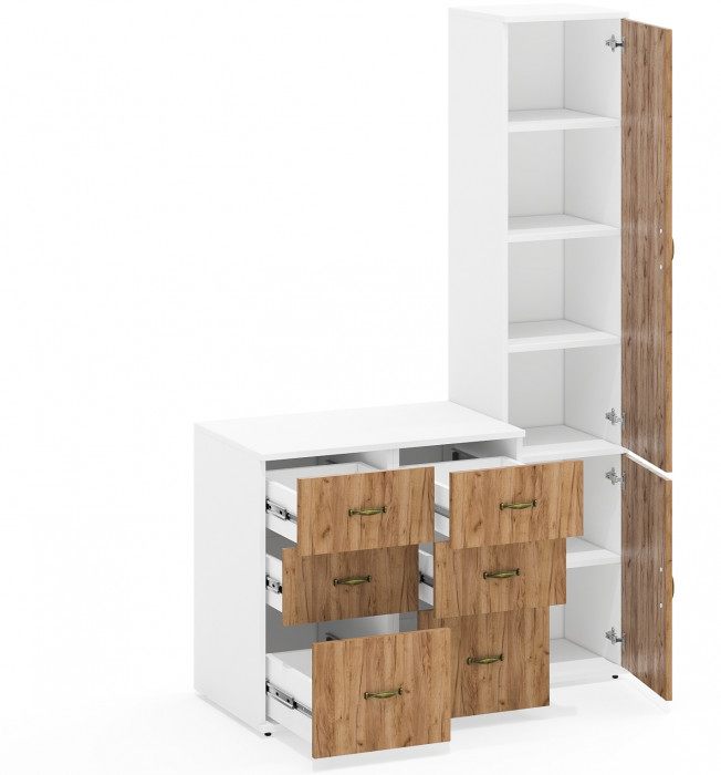 Лидер-8 Пенал МД 22Б + Тумба МД 3.16 + Тумба МД 3.16, цвет белый шагрень/крафт золото, ШхГхВ 120х50х190 см., универсальная сборка