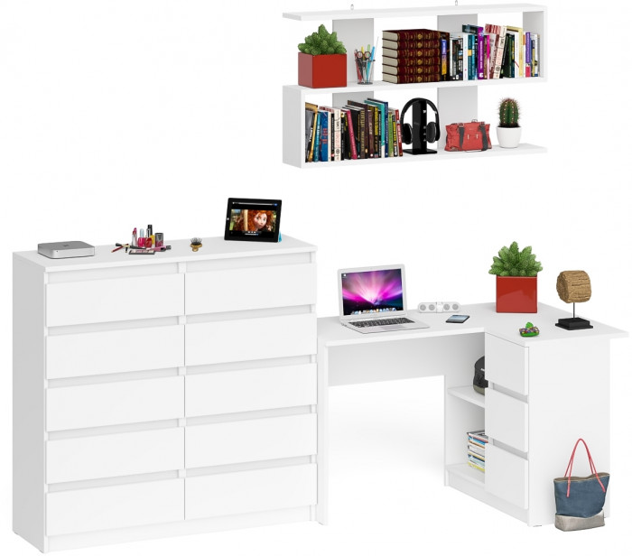 Мори компьютерный стол МС-16 правый + Комод МК1200.10 + Полка 1200, белый