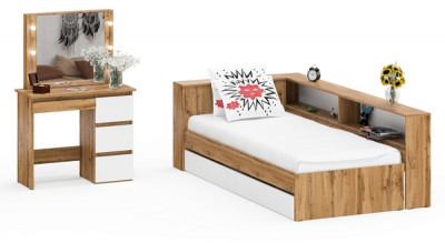 Ксения Кровать с ящиками 0900 + прикроватный блок + Столик с подсветкой Сура, дуб вотан/белый