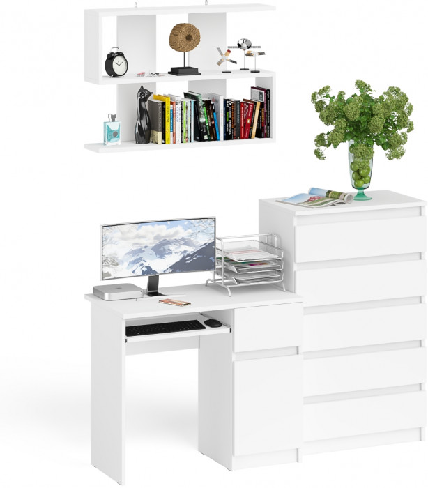Мори компьютерный стол МС-1 правый + Комод МК700.5 + Полка 900, белый