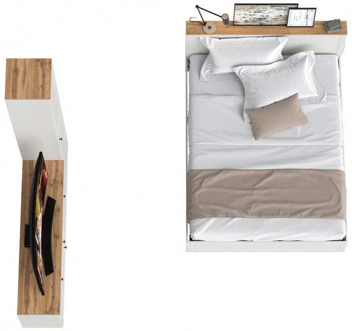 Остин 11.53 Кровать + ортопед + 13.227 Шкаф-пенал + 16.47 Тумба под ТВ, белый шагрень/дуб крафт золотой