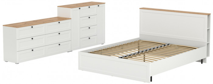 Остин 11.53 Кровать + ортопед + 16.240 Комод + 16.221 Комод, белый шагрень/дуб крафт золотой