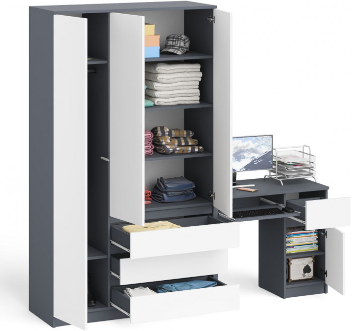 Мори Стол компьютерный МС-1 правый + Шкаф МШ1200.1, цвет графит/белый, ШхГхВ 210,4х50,4х209,6 см., выдвижной ящик справа, НЕ универсальная сборка
