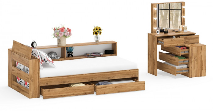 Ксения Кровать с ящиками 0900 + прикроватный блок + Столик с подсветкой 110, дуб вотан