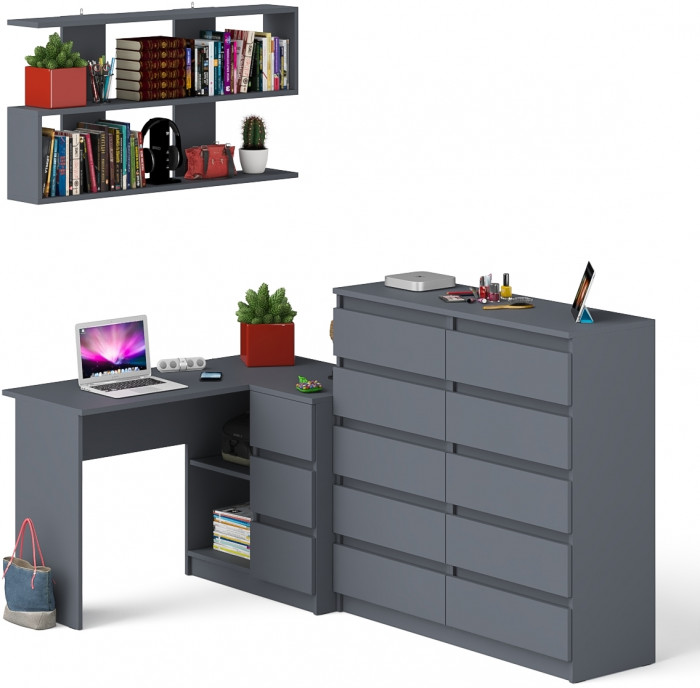 Мори компьютерный стол МС-16 правый + Комод МК1200.10 + Полка 1200, графит