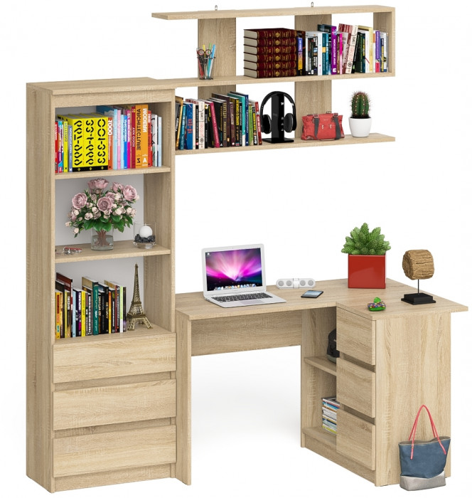 Мори компьютерный стол МС-16 правый + Стеллаж МСТ600.3 + Полка 1200, дуб сонома