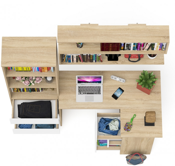 Мори компьютерный стол МС-16 правый + Стеллаж МСТ600.3 + Полка 1200, дуб сонома/белый