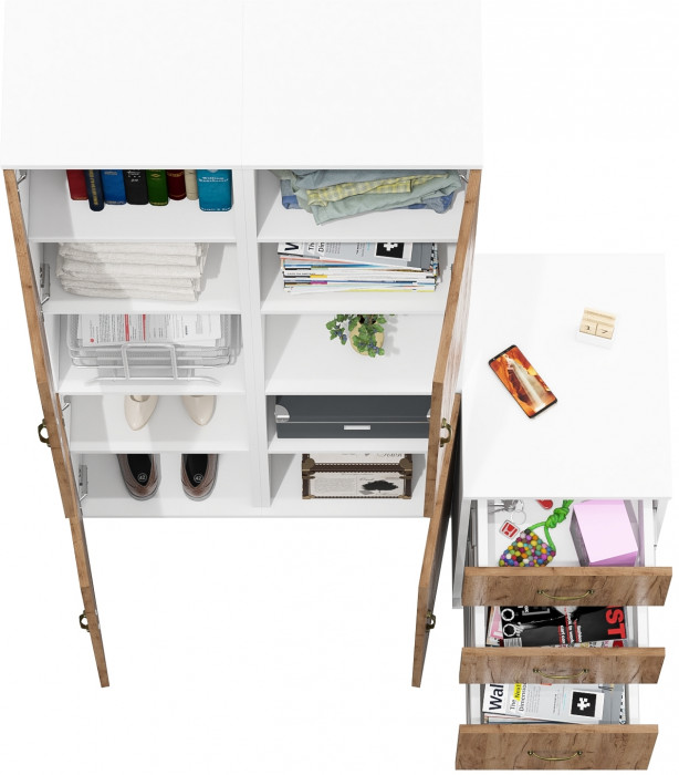 Лидер-8 Пенал + Пенал + Тумба МД 3.16, цвет белый шагрень/крафт золото, ШхГхВ 120х50х190 см., универсальная сборка