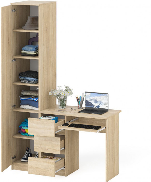 Мори Стол компьютерный МС-6 левый + Пенал МШ400.1, цвет дуб сонома, ШхГхВ 130,4х50,4х209,6 см., выдвижные ящики слева, НЕ универсальная сборка