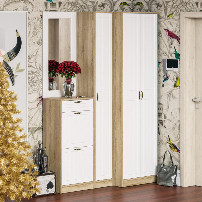 Прихожая П-6 Тумба для обуви 2 секции, дуб сонома/фасады МДФ белое дерево фрезеровка прованс