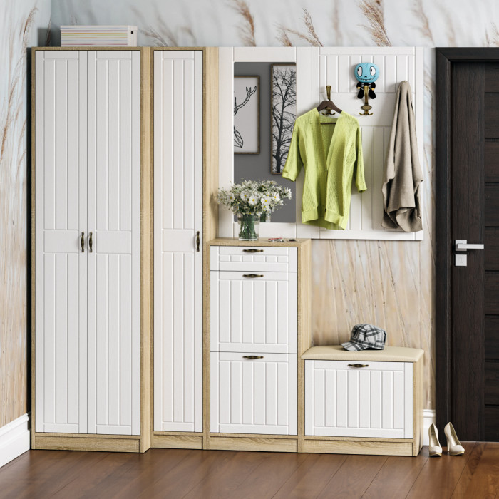 Прихожая П-6 Тумба для обуви 2 секции, дуб сонома/фасады МДФ белое дерево фрезеровка прованс