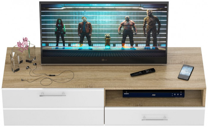 Тумба под ТВ Ларго 1, корпус дуб сонома/фасады МДФ белый глянец