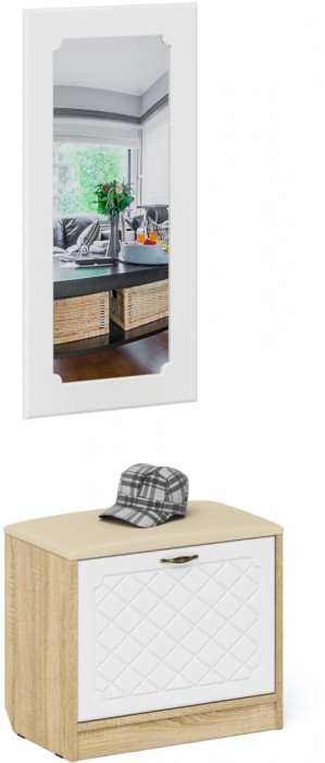 Прихожая П-6 Тумба + Зеркало, цвет дуб сонома/фасады МДФ белое дерево фрезеровка ромб, ШхГхВ 60х35х200 см.