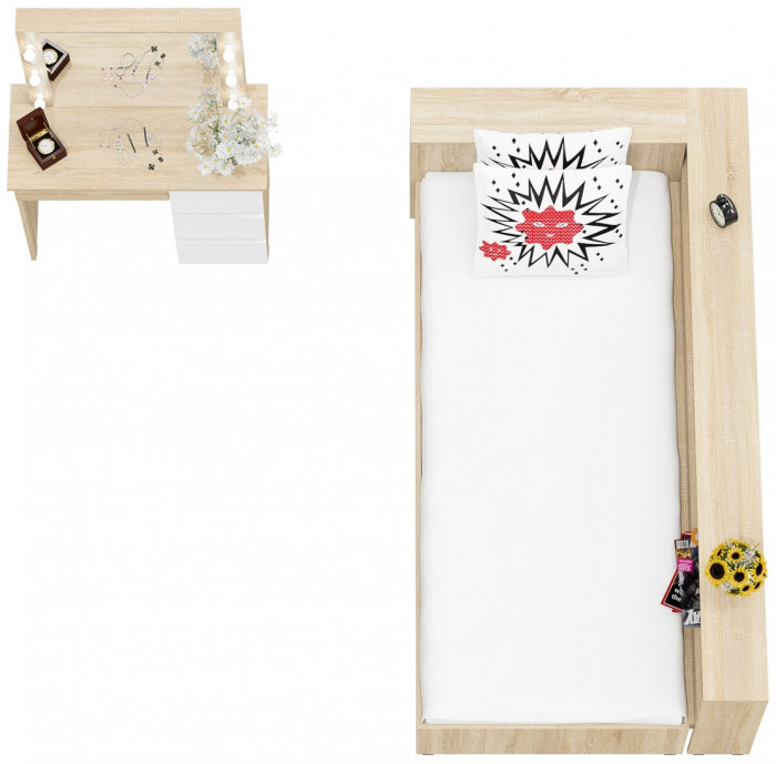 Ксения Кровать с ящиками 0900 + прикроватный блок + Столик с подсветкой Сура, дуб сонома/белый