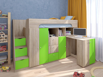 Кровать чердак Астра 11 Сонома/Салатовый