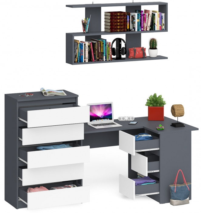 Мори компьютерный стол МС-16 правый + Комод МК700.5 + Полка 1200, графит/белый