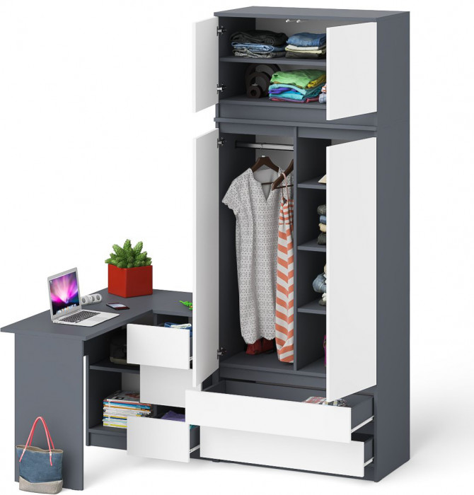 Мори компьютерный стол МС-16 правый + Шкаф МШ900.1 + Антресоль МА900.1, графит/белый