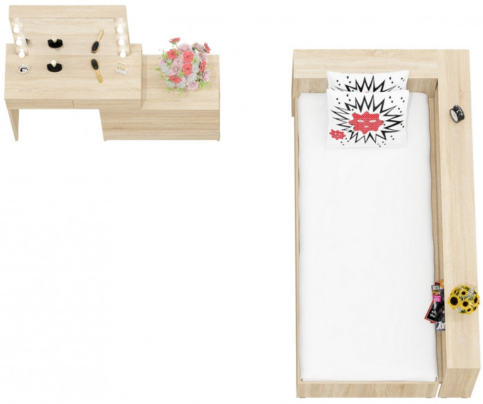 Ксения Кровать с ящиками 0900 + прикроватный блок + Столик с подсветкой 110, дуб сонома