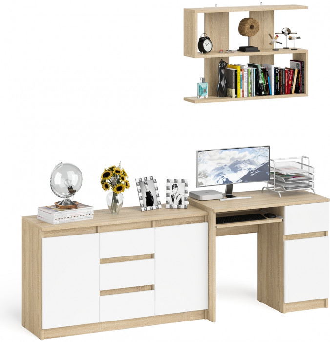 Мори Стол компьютерный МС-1 правый + Комод МК1200.3 + Полка 900, цвет дуб сонома/белый, ШхГхВ 210,4х50х209,6 см., НЕ универсальная сборка