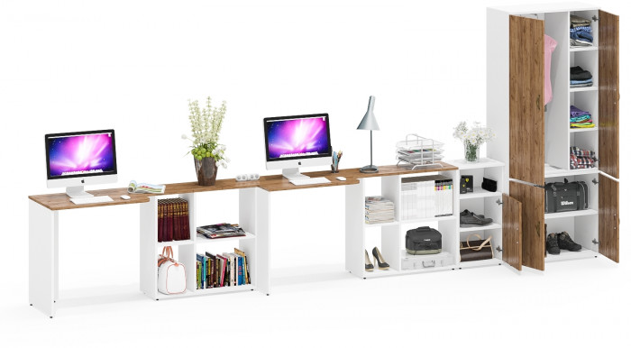 Лидер-8 Стол + Стол + Шкаф МД 20Б + Тумба МД 3.19, белый шагрень/крафт золото