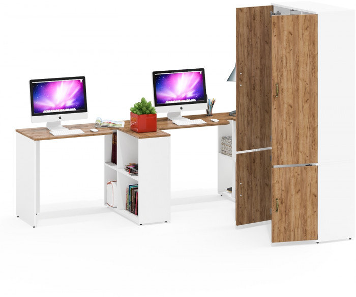 Лидер-8 Стол + Стол + Шкаф МД 20Б + Тумба МД 3.19, белый шагрень/крафт золото