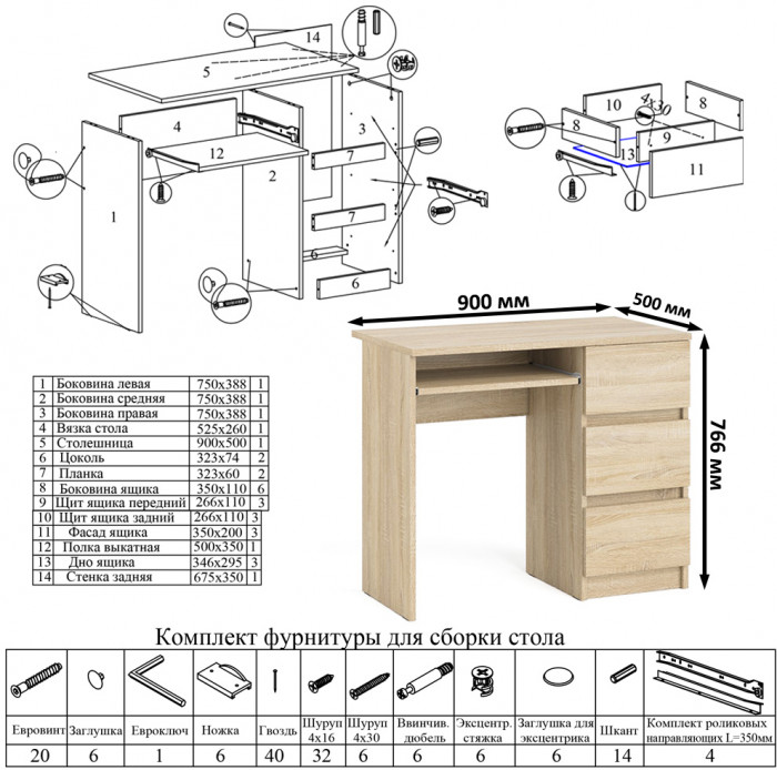 Мори компьютерный стол МС-6 правый + Комод МК1600.1, дуб сонома