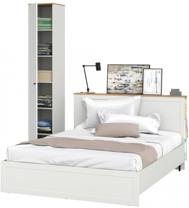 Остин 11.53 Кровать + ортопед + 13.227 Шкаф-пенал, белый шагрень/дуб крафт золотой