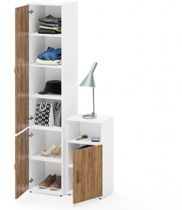 Лидер-8 Пенал МД 22Б + Тумба МД 3.19, цвет белый шагрень/крафт золото, ШхГхВ 80х37,5х190 см., универсальная сборка