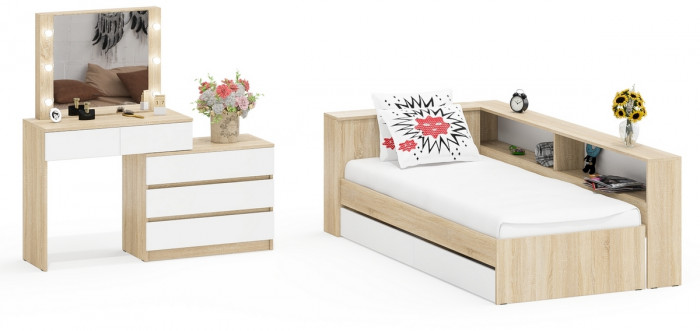 Ксения Кровать с ящиками 0900 + прикроватный блок + Столик с подсветкой 110, дуб сонома/белый