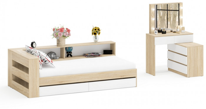Ксения Кровать с ящиками 0900 + прикроватный блок + Столик с подсветкой 110, дуб сонома/белый