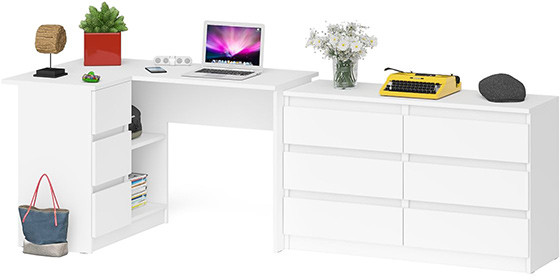 Мори Стол компьютерный МС-16 левый + Комод МК1200.6, цвет белый, ШхГхВ 244,8х84,9х76,6 см., выдвижные ящики слева, НЕ универсальная сборка